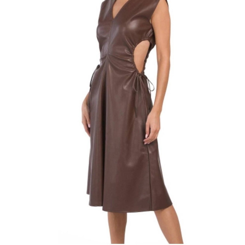 7 For All Mankind Dress Womens S Brown Faux Leather‎ Cutout Midi NEW